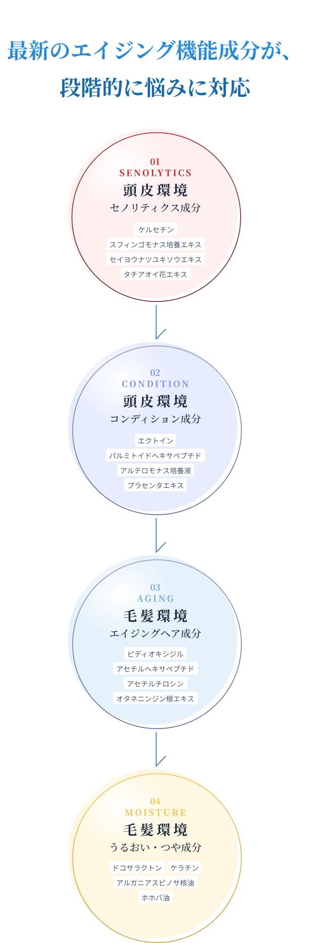 最新のエイジング機能成分が、段階的に悩みに対応