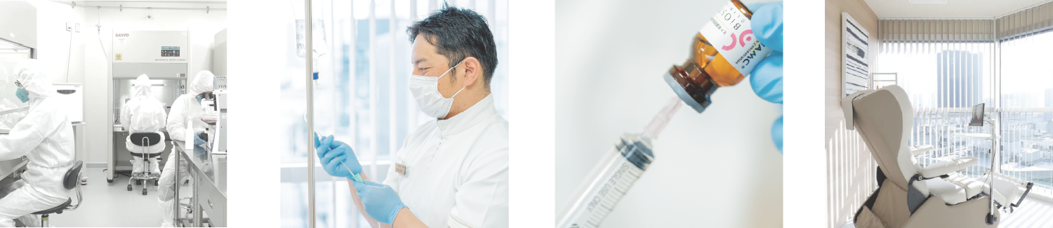 無菌環境の研究室で作業するスタッフ、点滴準備を行う医療従事者、注射器に薬液を吸い上げる手元、明るい診察室の医療用チェア